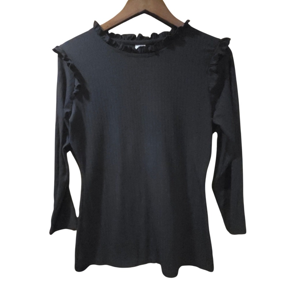 Hayden Los Angeles Black Ribbed Ruffle Neck Long Sleeve Top H6452 Large